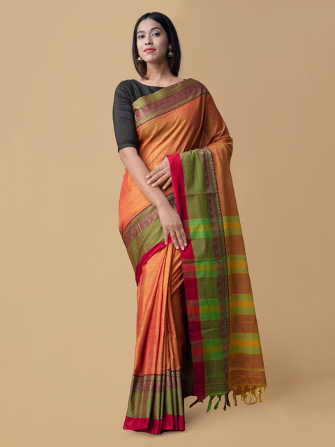

Unnati Silks Orange Pure Cotton Solid Narayan Peth Saree