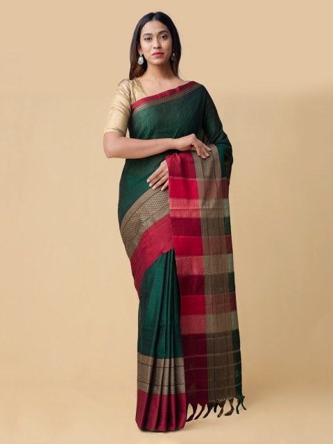 

Unnati Silks Green & Pink Pure Cotton Colourblocked Narayan Peth Saree