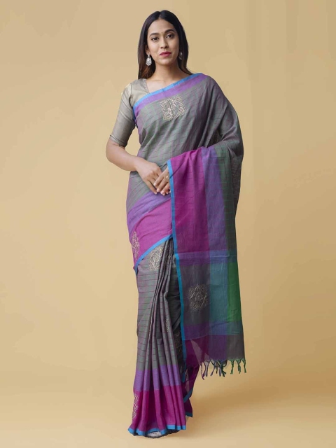 

Unnati Silks Grey & Purple Pure Cotton Striped Handloom Mangalagiri Saree