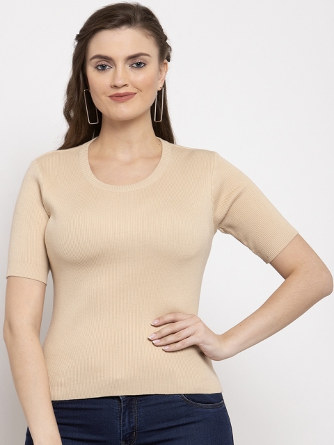 

Kalt Women Camel Brown Ribbed Pullover Sweater