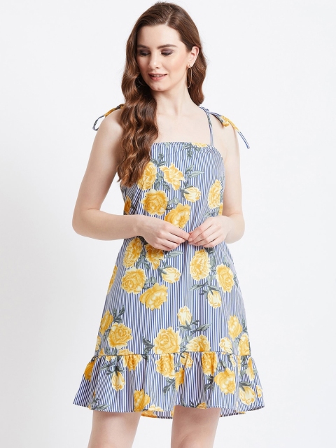 

AkaAyu Women Blue Floral Printed Drop-Waist Dress