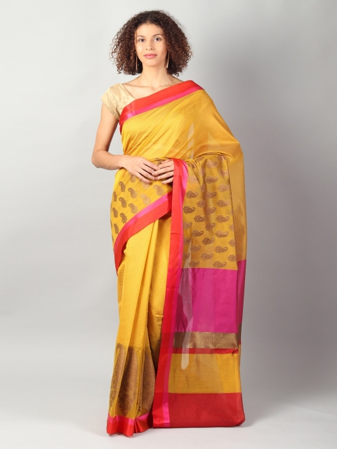 

EthnicRoom Yellow & Pink Silk Cotton Striped Banarasi Saree
