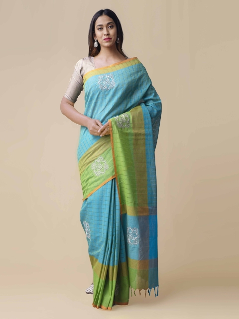 

Unnati Silks Turquoise Blue & Green Pure Cotton Striped Mangalagiri Saree