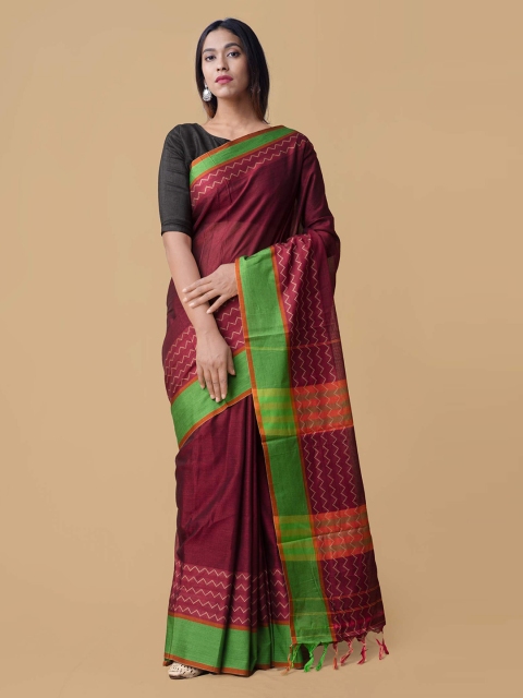 

Unnati Silks Maroon Pure Cotton Striped Handloom Narayan Peth Saree