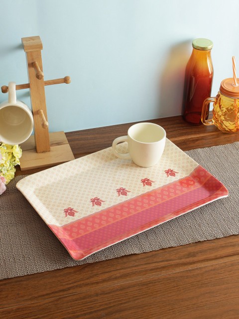 

HomeTown Cream-Coloured & Pink Printed Large Tray