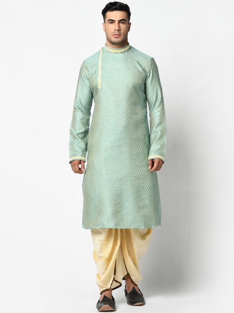 

DEYANN Men Blue & Cream-Coloured Self Design Kurta with Pyjamas