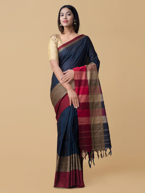 

Unnati Silks Blue Pure Cotton Colourblocked Narayan Peth Saree