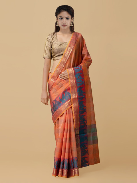 

Unnati Silks Orange & Blue Silk Cotton Checked Kanjeevaram Saree