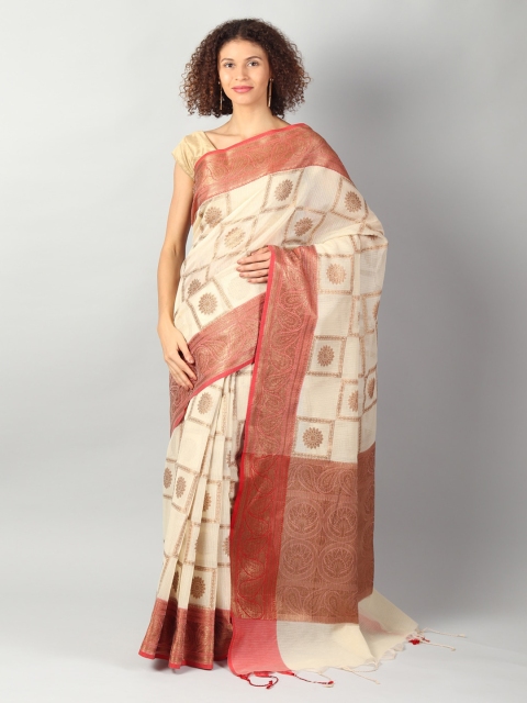 

EthnicRoom Cream-Coloured & Red Silk Cotton Woven Design Banarasi Saree