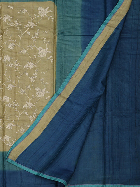 

Pothys Cream-Coloured & Blue Jute Silk Printed Saree