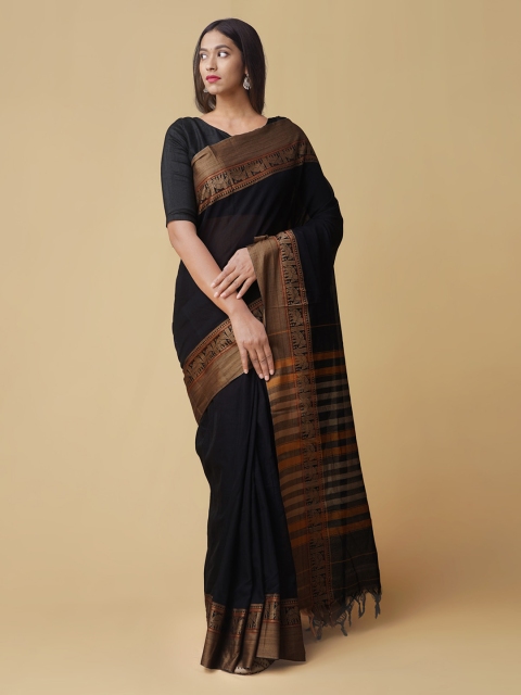 

Unnati Silks Black & Gold-Coloured Pure Cotton Striped Handloom Narayan Peth Saree