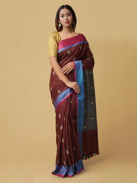 

Unnati Silks Maroon & Blue Pure Linen Embroidered Saree