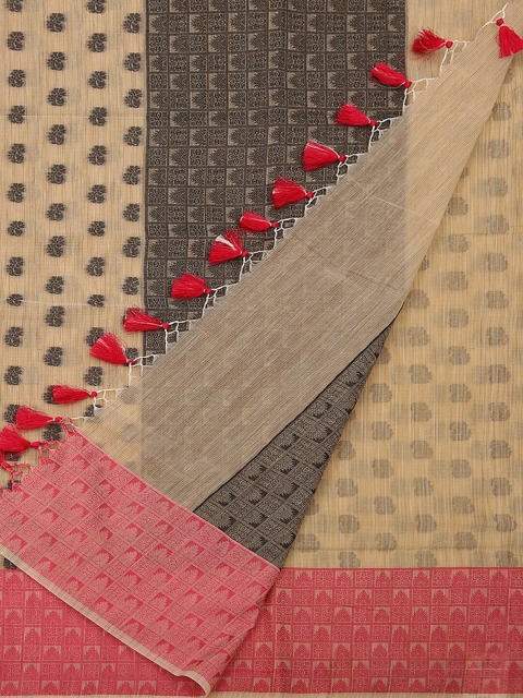 

Pothys Cream-Coloured & Red Supernet Printed Saree