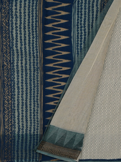 

Pothys Cream-Coloured & Navy Blue Supernet Woven Design Saree