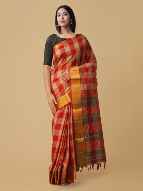 

Unnati Silks Red & Yellow Pure Cotton Checked Handloom Narayan Peth Saree