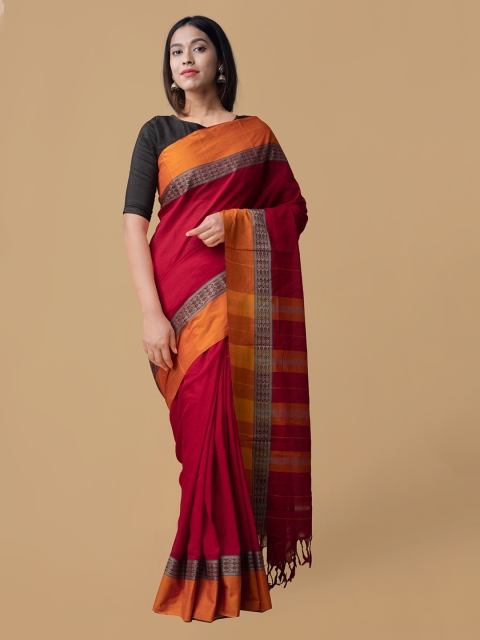 

Unnati Silks Red & Yellow Pure Cotton Woven Design Handloom Narayan Peth Saree