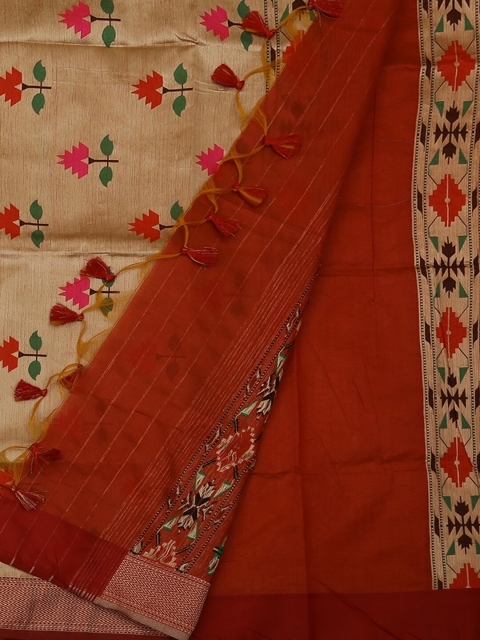 

Pothys Beige & Red Jute Silk Embroidered Saree
