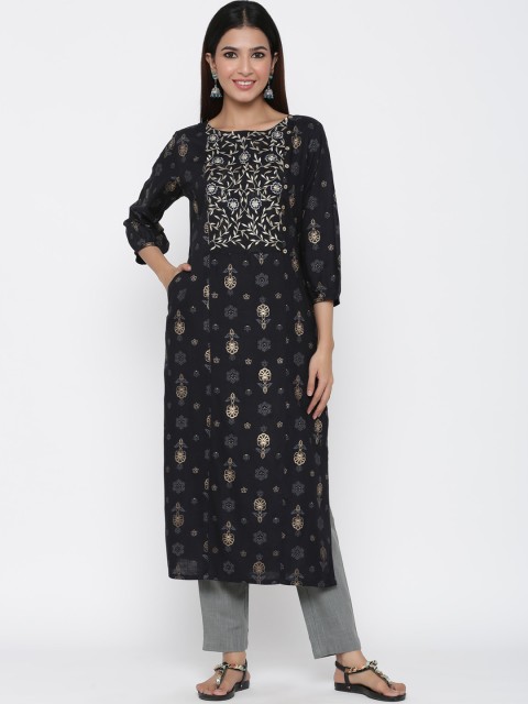 

Jaipur Kurti Women Black Yoke Design Straight Kurta