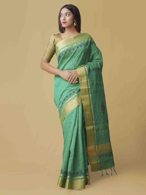 

Unnati Silks Green Silk Cotton Solid Chanderi Saree
