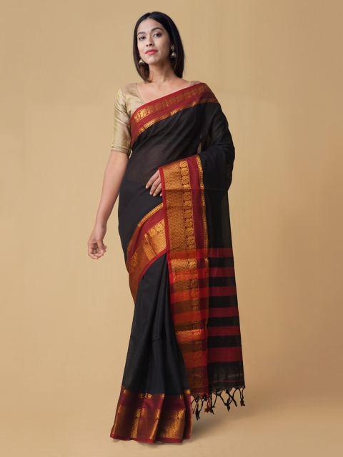 

Unnati Silks Black Pure Cotton Striped Venkatgiri Saree