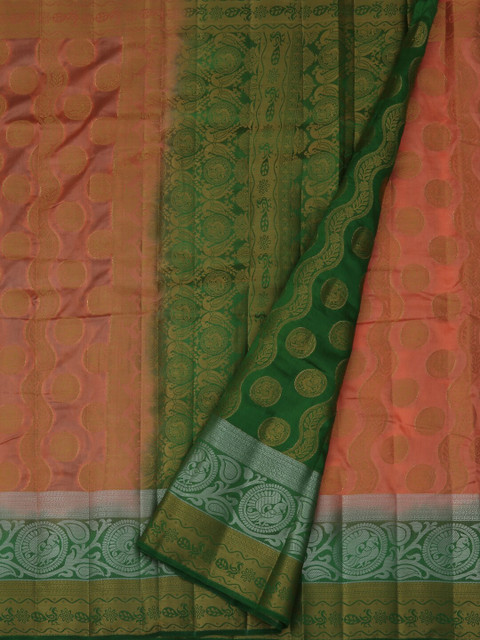 

Pothys Peach-Coloured & Green Jute Silk Woven Design Saree