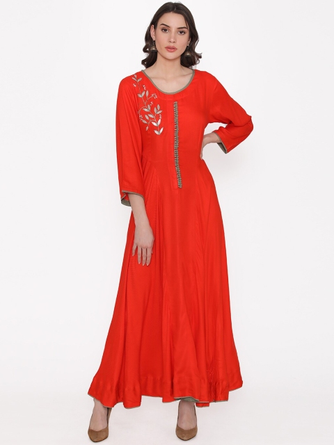 

Kifahari Women Red Embroidered A-Line Kurta