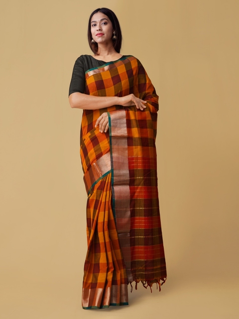 

Unnati Silks Yellow & Red Pure Cotton Checked Handloom Narayan Peth Saree