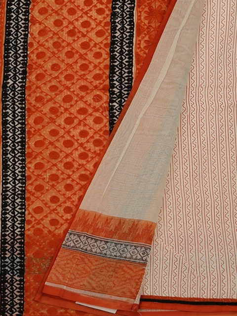 

Pothys Cream-Coloured & Orange Supernet Printed Saree