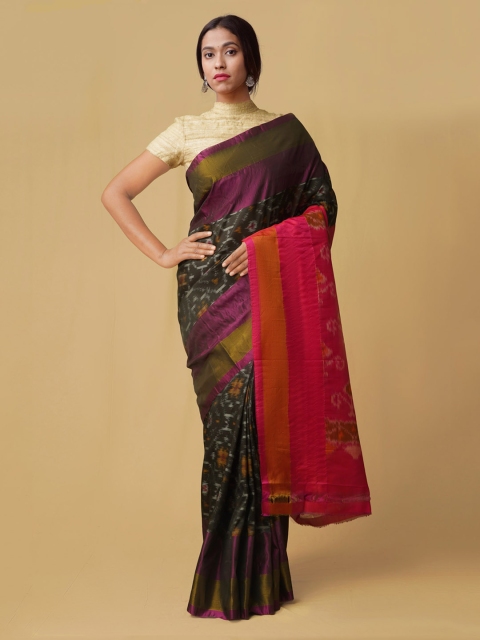 

Unnati Silks Black & Pink Silk Cotton Woven Design Pochampally Handloom Sustainable Saree