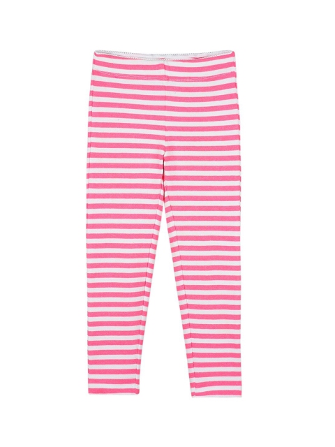 Cherry Crumble Girls Pink & White Striped Knitted Ankle-Length Leggings