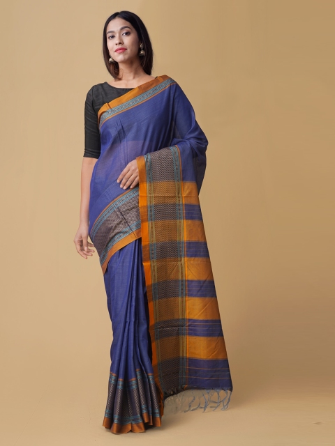 

Unnati Silks Blue Pure Cotton Solid Handloom Narayan Peth Saree