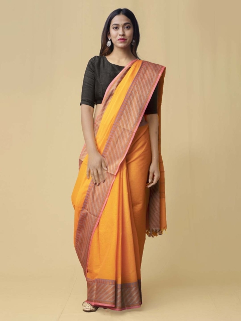 

Unnati Silks Yellow & Pink Pure Cotton Solid Kanjeevaram Saree