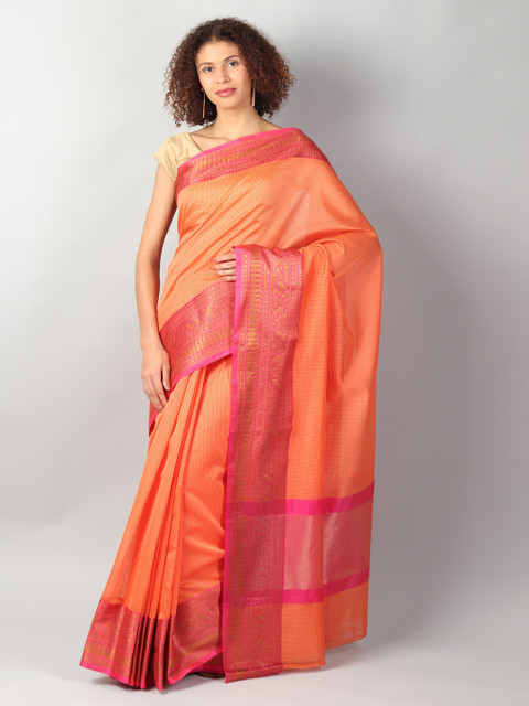

EthnicRoom Orange & Pink Silk Cotton Checked Banarasi Saree