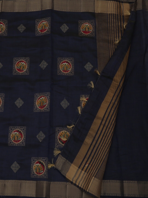 

Pothys Navy Blue & Gold-Toned Jute Silk Printed Saree