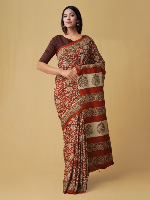 

Unnati Silks Red & Brown Pure Cotton Printed Kota Handloom Saree