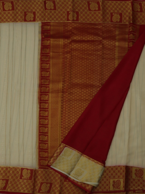 

Pothys Cream-Coloured & Maroon Pure Crepe Striped Mysore Silk Saree