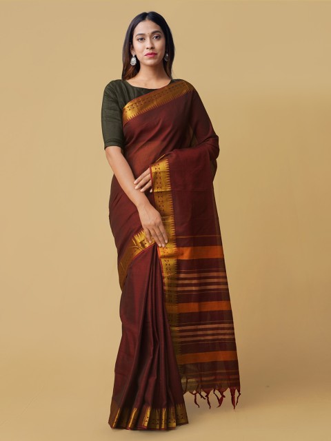 

Unnati Silks Maroon Pure Cotton Striped Narayan Peth Saree