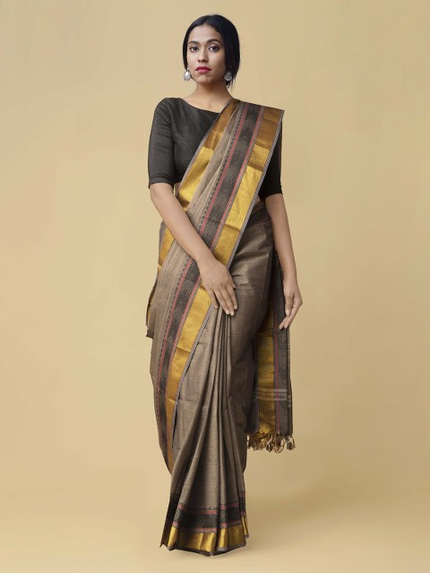 

Unnati Silks Grey Pure Cotton Solid Handloom Kanjeevaram Saree