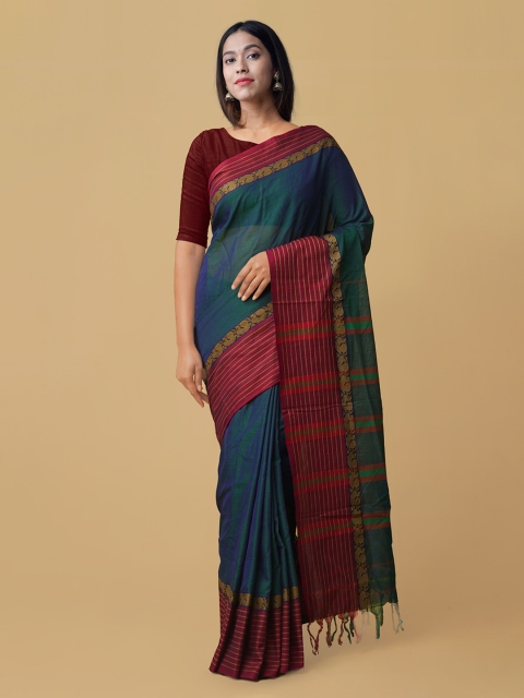 

Unnati Silks Blue & Maroon Pure Cotton Solid Narayan Peth Saree