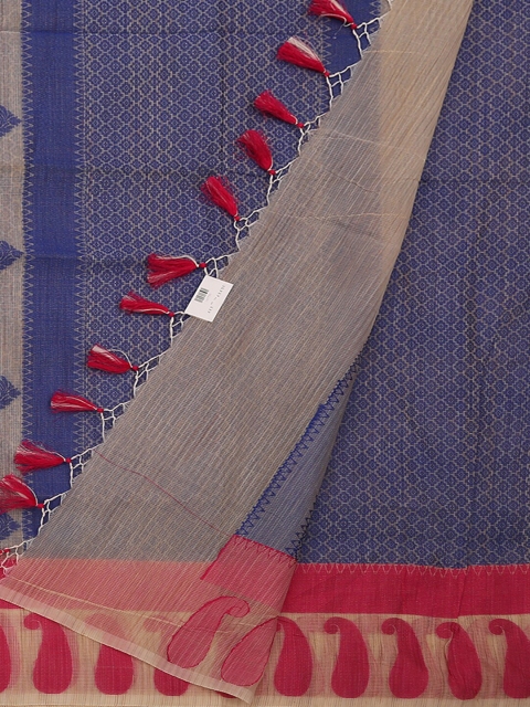 

Pothys Cream-Coloured & Navy Blue Supernet Woven Design Saree