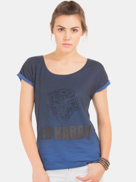 

Ed Hardy Women Blue Printed Round Neck T-shirt