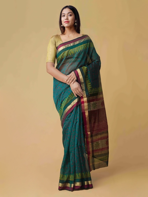 

Unnati Silks Blue Silk Cotton Printed Maheshwari Saree