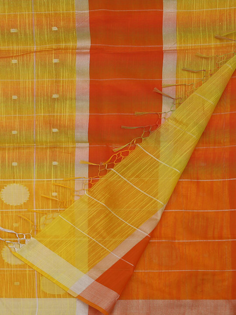 

Pothys Yellow & Orange Cotton Blend Checked Bagh Saree