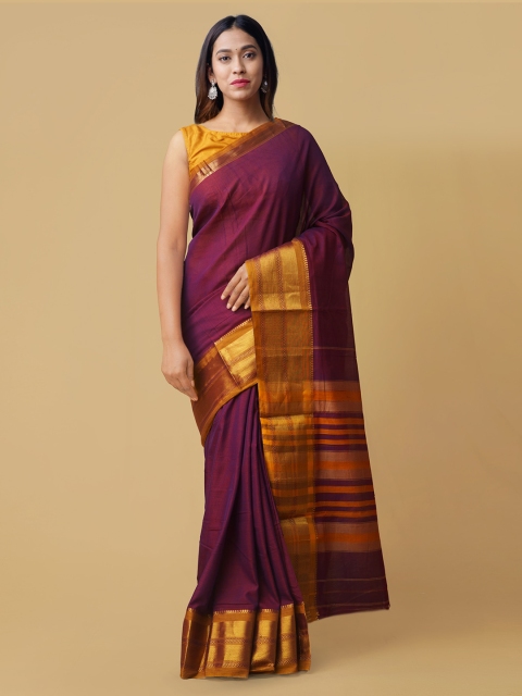 

Unnati Silks Purple Pure Cotton Solid Handloom Narayan Peth Saree