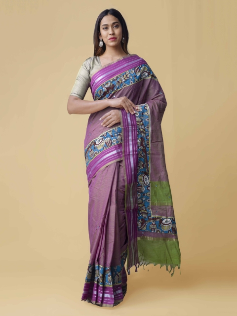 

Unnati Silks Pink & Blue Pure Cotton Striped Mangalagiri Saree