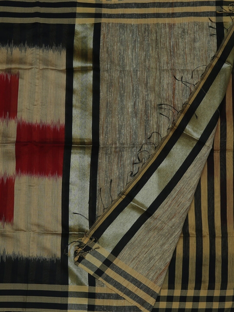 

Pothys Cream-Coloured & Black Handloom Pure Cotton Striped Saree