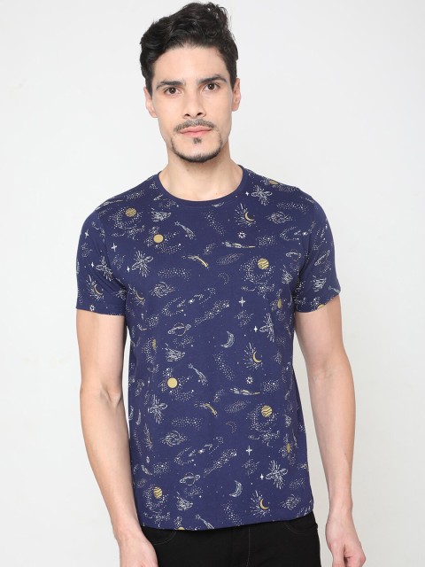 

Oxemberg Men Navy Blue Printed Round Neck Pure Cotton T-shirt