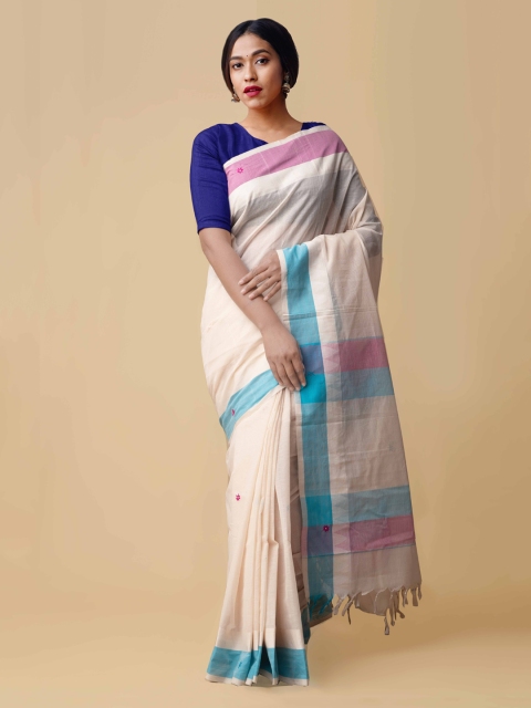 

Unnati Silks Cream-Coloured & Pink Pure Cotton Striped Handloom Mangalagiri Saree