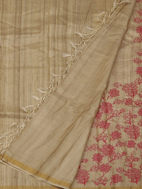 

Pothys Cream-Coloured & Pink Jute Silk Printed Saree