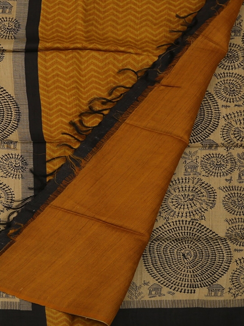 

Pothys Cream-Coloured & Orange Jute Silk Printed Saree